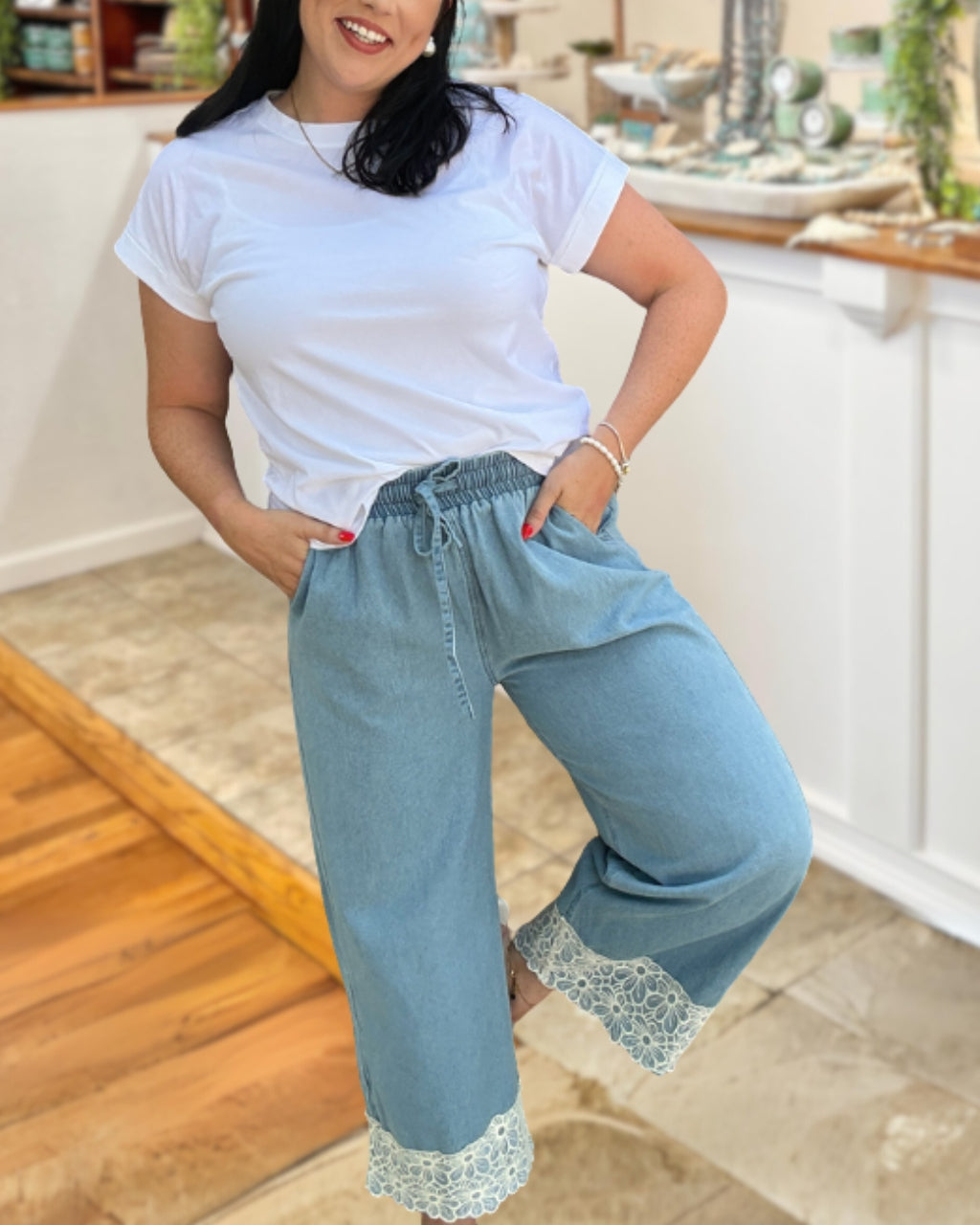 Floral Embroidered Hem Denim Pants