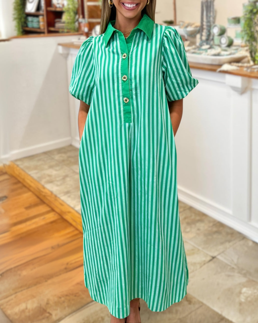 Stylish Puff Sleeves Striped Maxi Dress