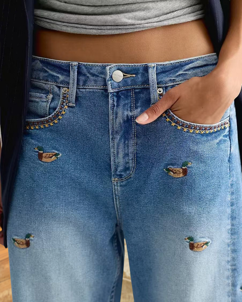 All-Over Mallard Duck Embroidery Jeans
