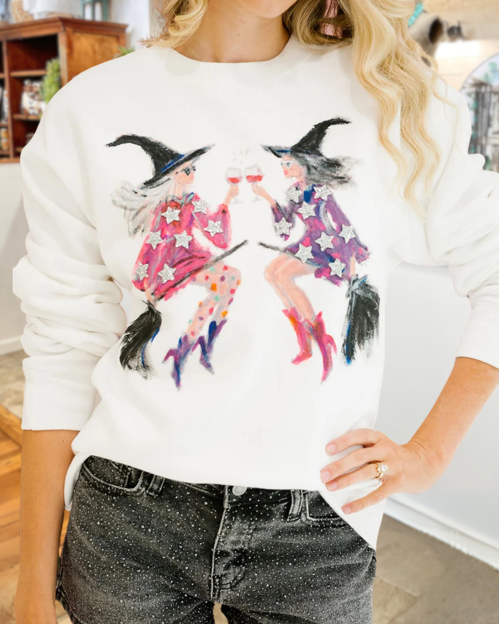 Broom Clinking Glasses Witch Pullover