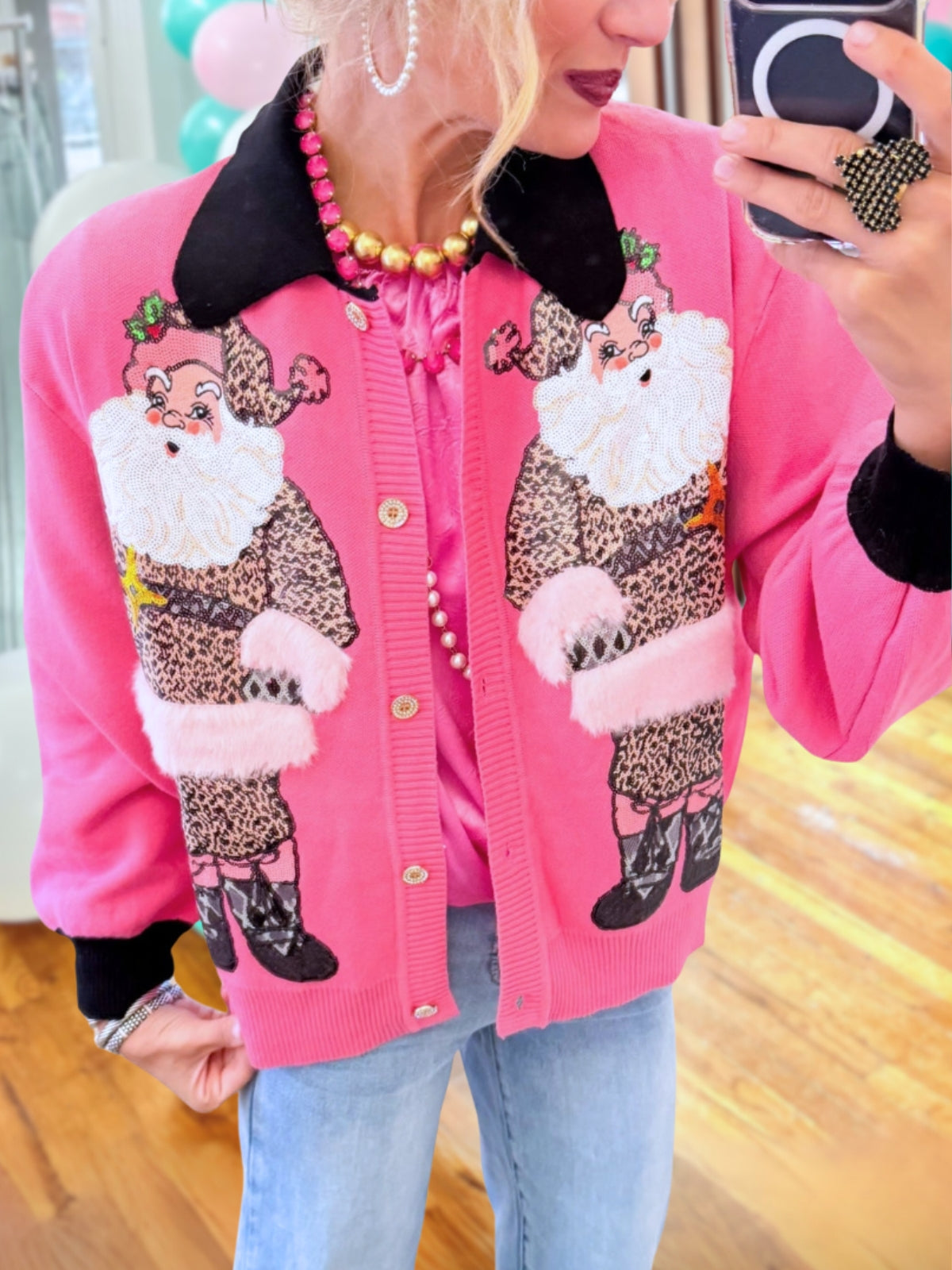 Santa Claus Leopard-Print Sequin Cardigan