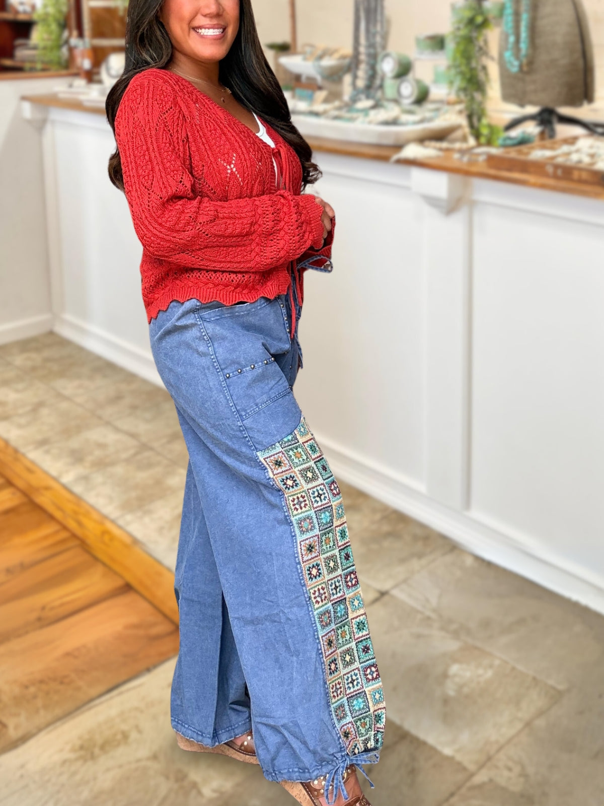 BOHO Mosaic Patchwork Studded Denim Pants