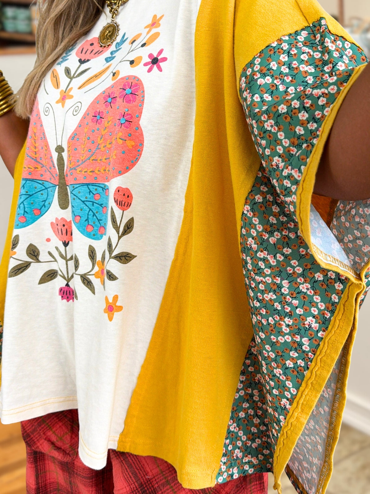 Butterfly and Floral Color-Block Top