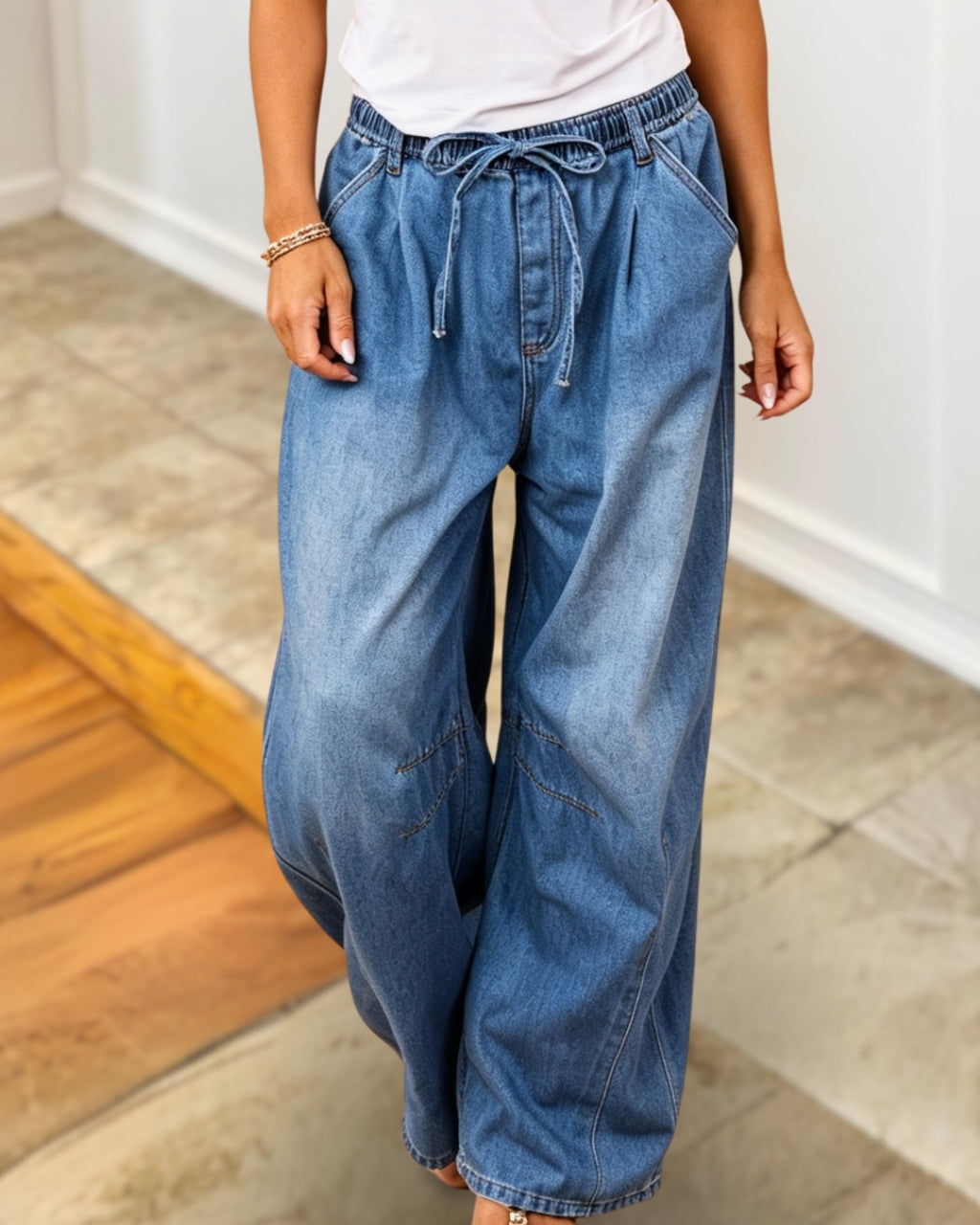 Elastic Waist Wide-leg Denim Pants