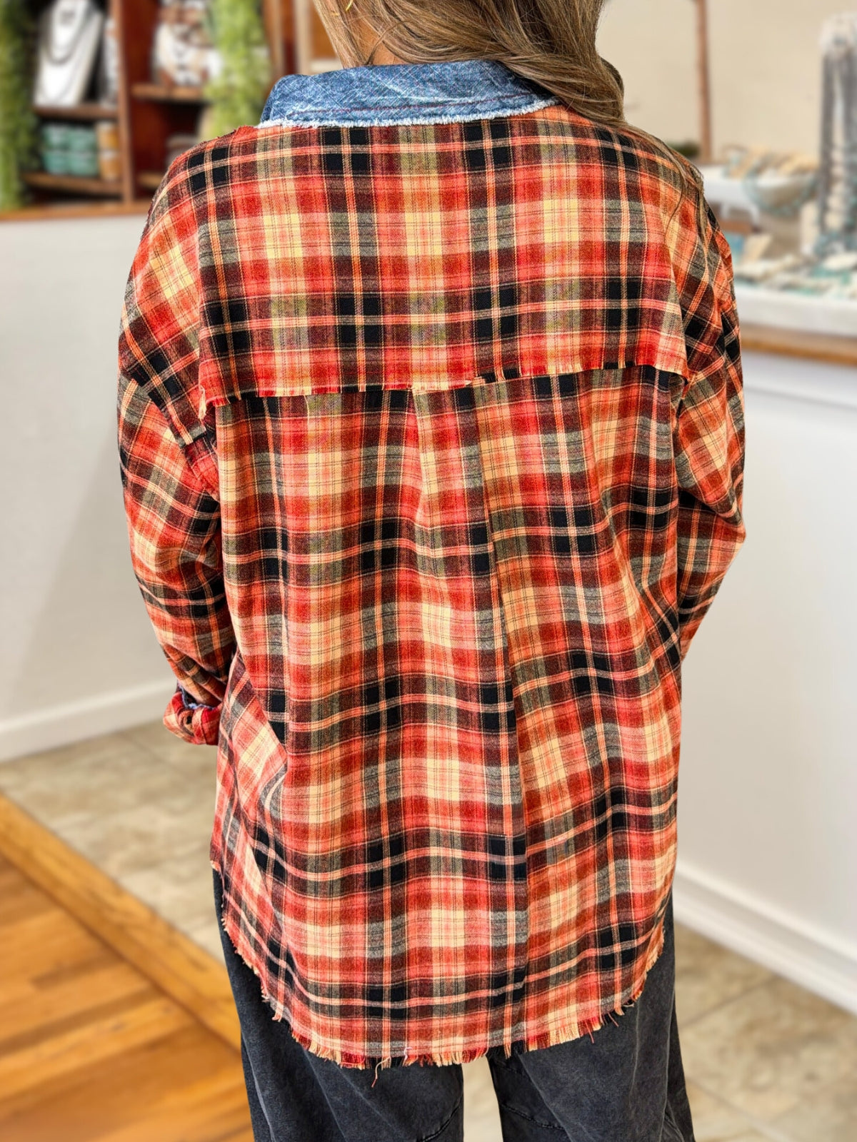 Brushed Plaid Denim Patchwork Shirt