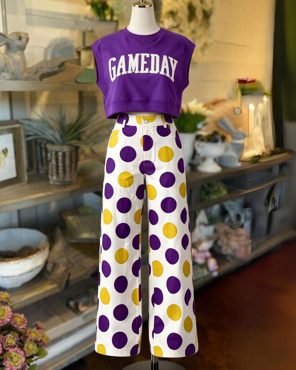Game Day Purple Gold Polka Dot Printed Pants
