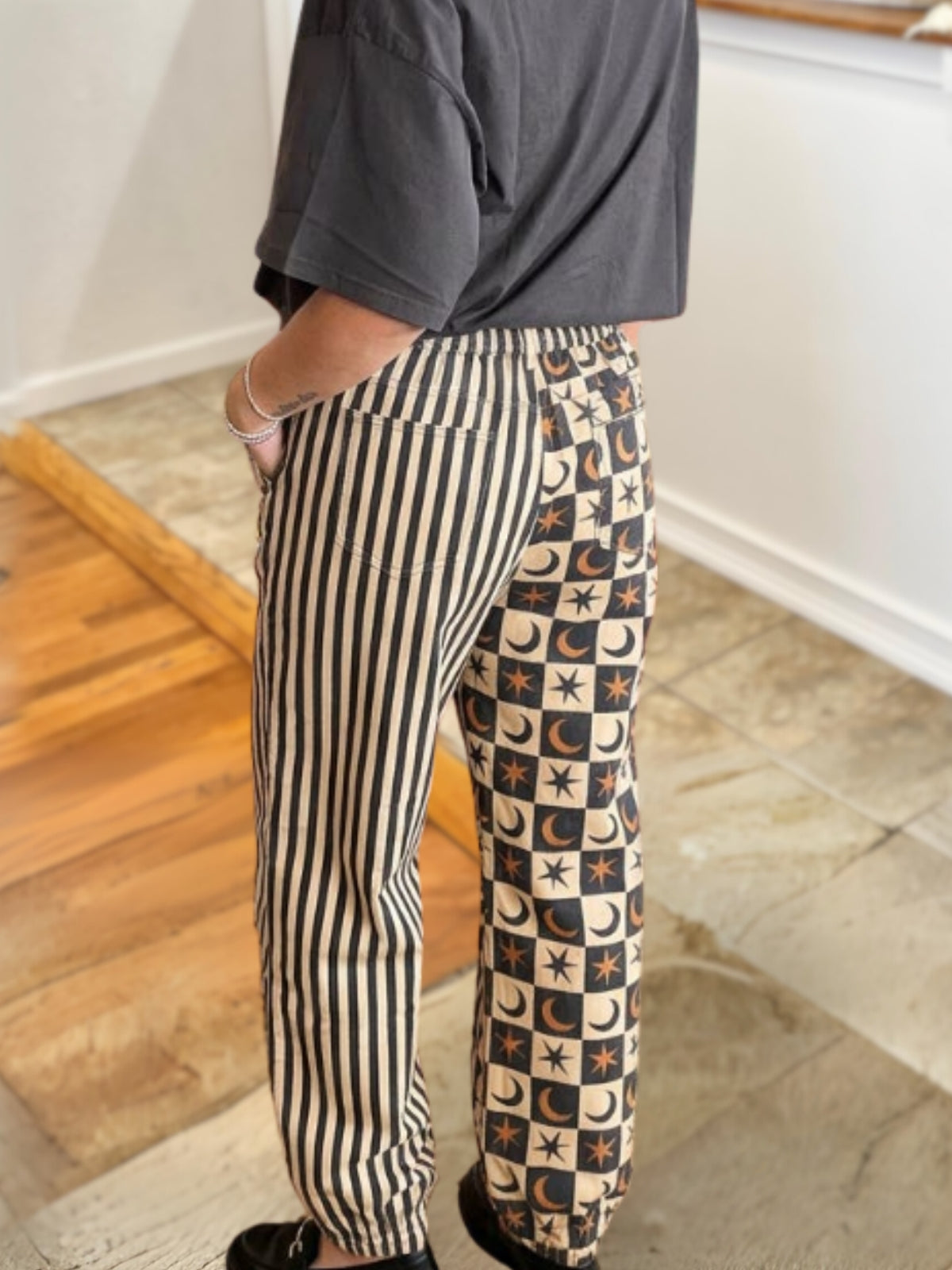 Striped Star Moon Checkerboard Patchwork Pants