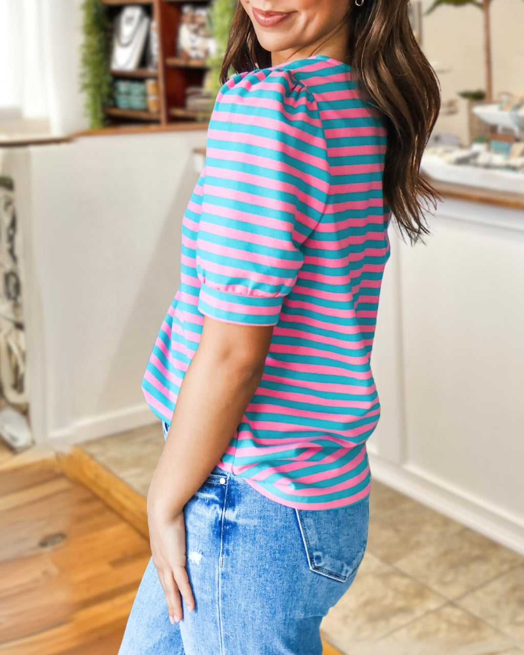 Color-block Striped Puff-sleeve Top