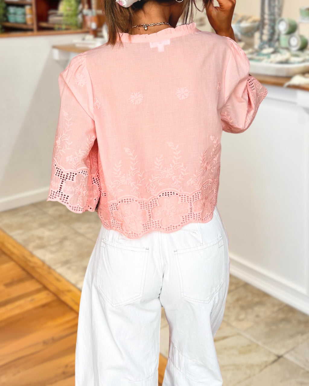 Lace-up Cutout Trim Embroidery Top