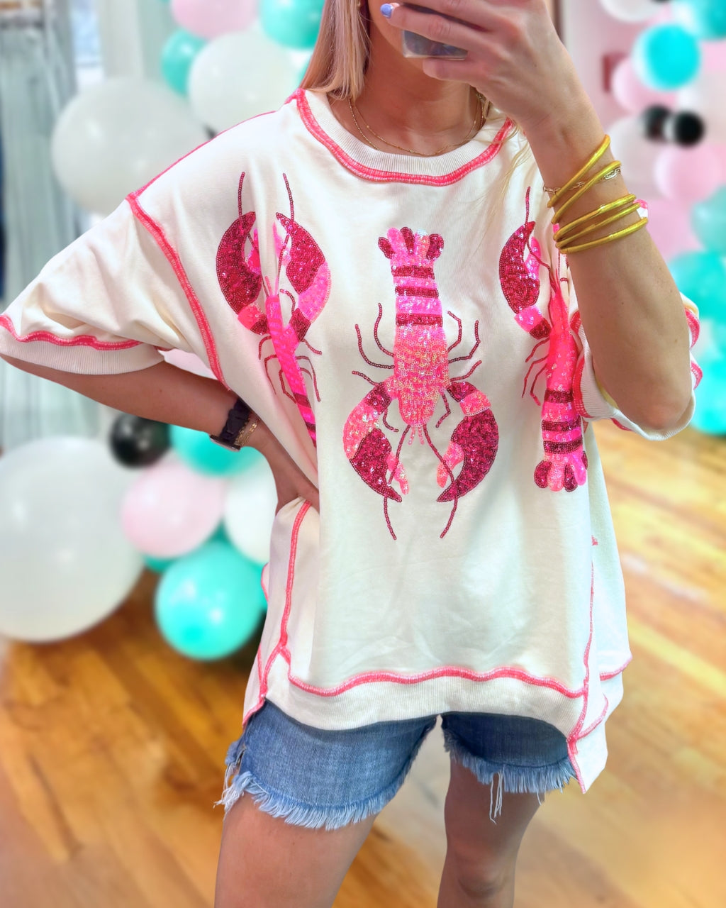 Lobster Sequined Contrast Stitching Top