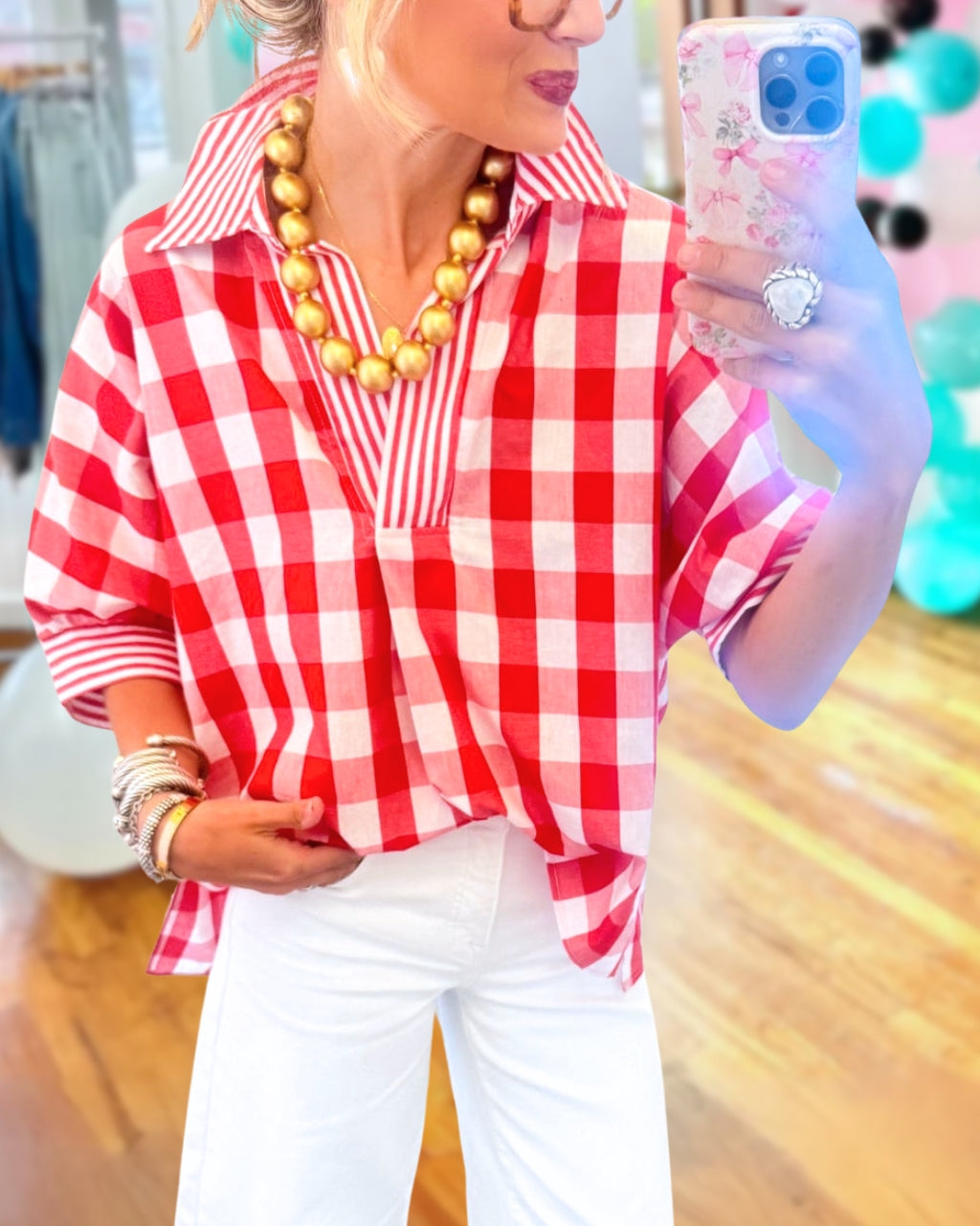Striped-trimmed V-neck Plaid Top
