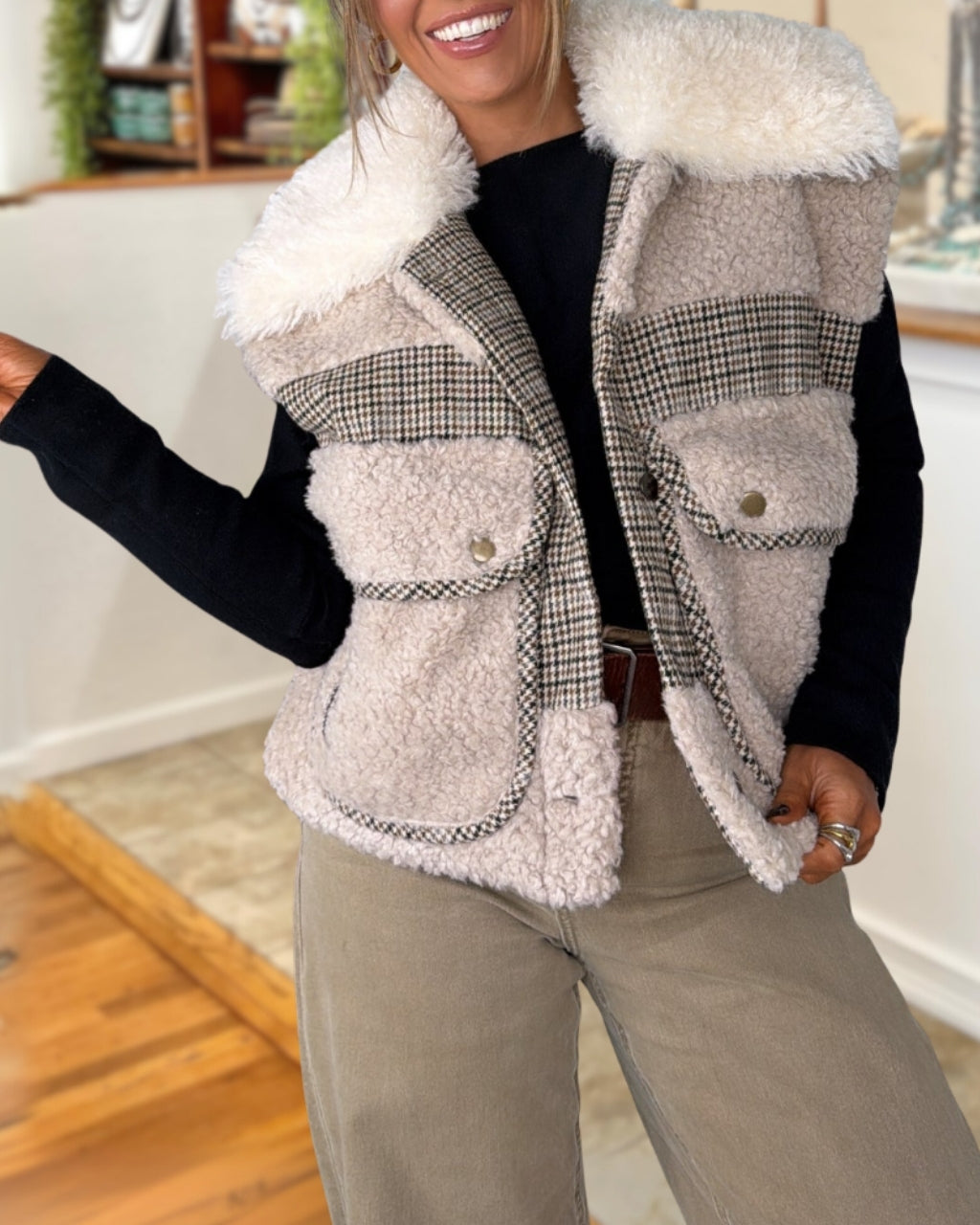 Plaid Patchwork Lamb Fleece Vest