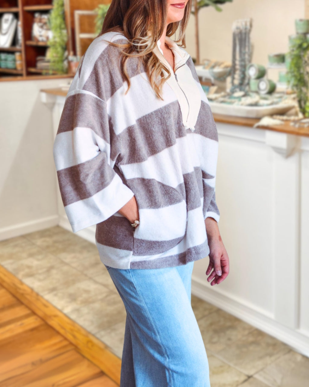 Trendy Striped Half Zip Pullover