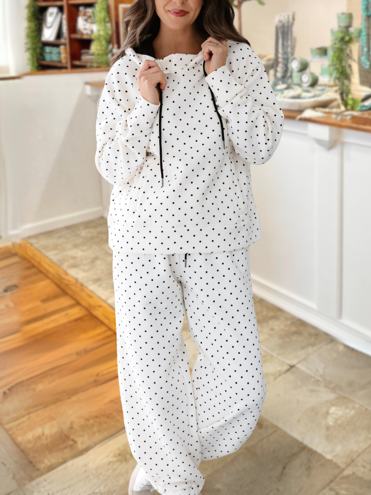 Fashionable Polka Dot Hooded Sweatshirt Set