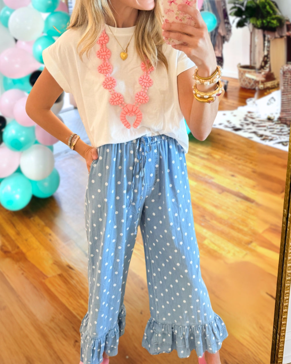 Polka-Dot Ruffled Hem Pants