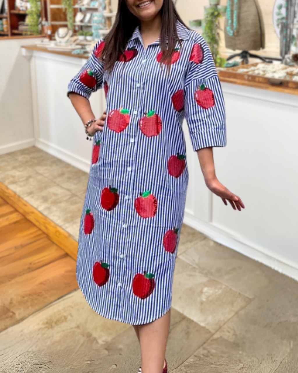 Sequined Apple Striped Shirt Dress