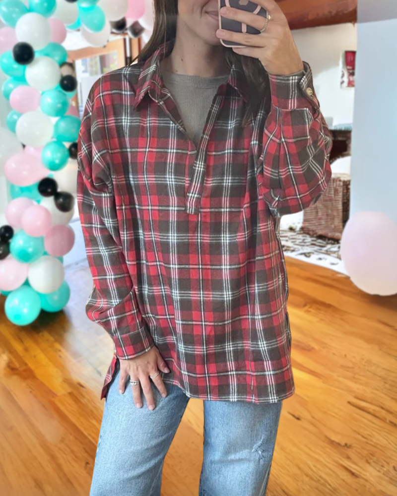 Stylish Plaid Half-open Collar Top