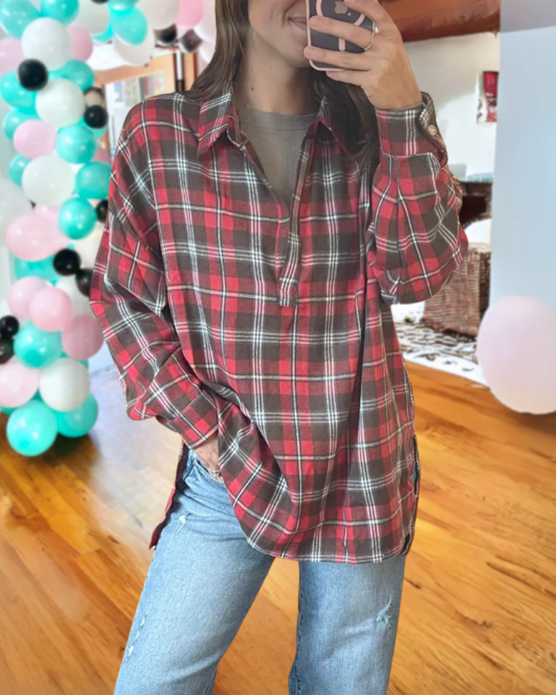 Stylish Plaid Half-open Collar Top