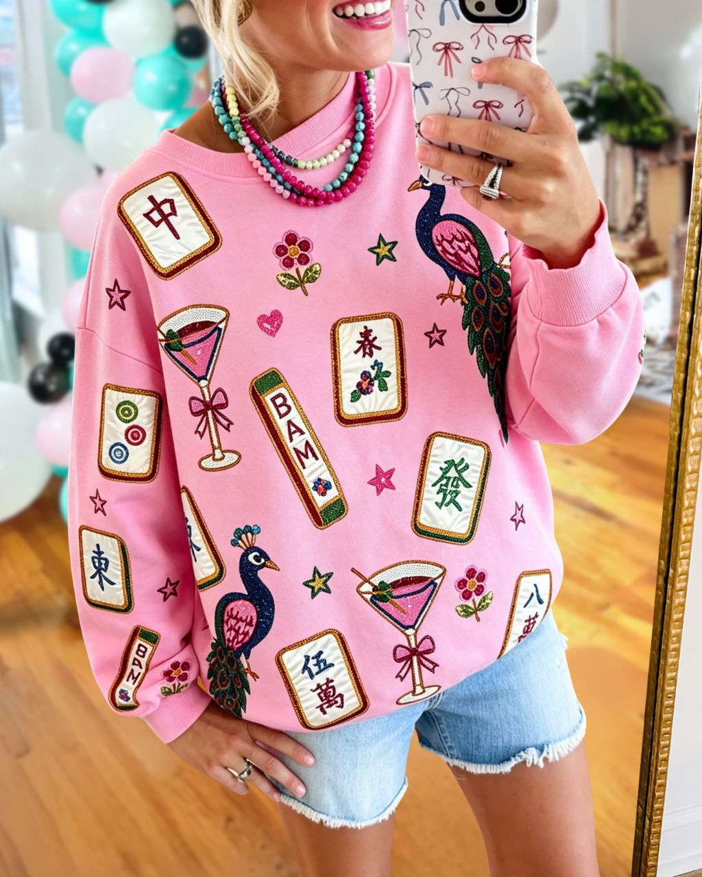 Mahjong Peacock Cocktail Sequined Sweatshirt