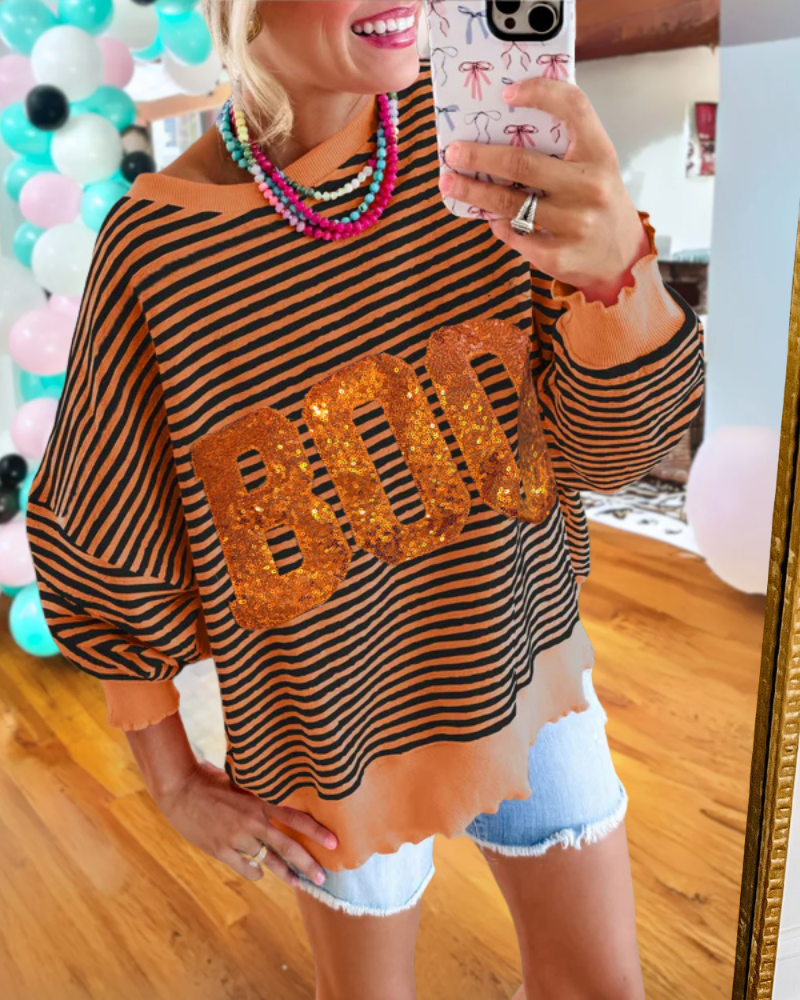 BOO Sequin Striped Sweatshirt