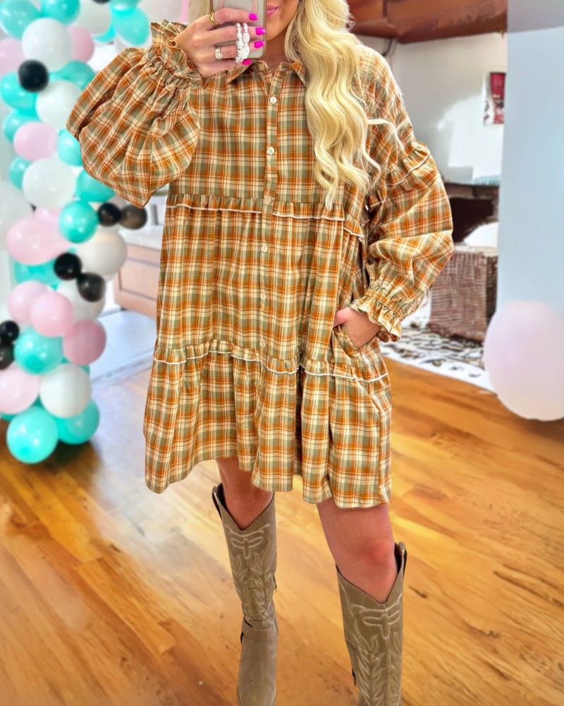 Fashionable Ruffle Trim Plaid Dress