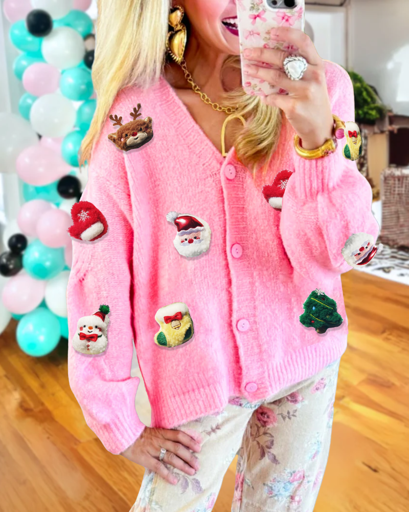 Plush Christmas Patches Cardigan