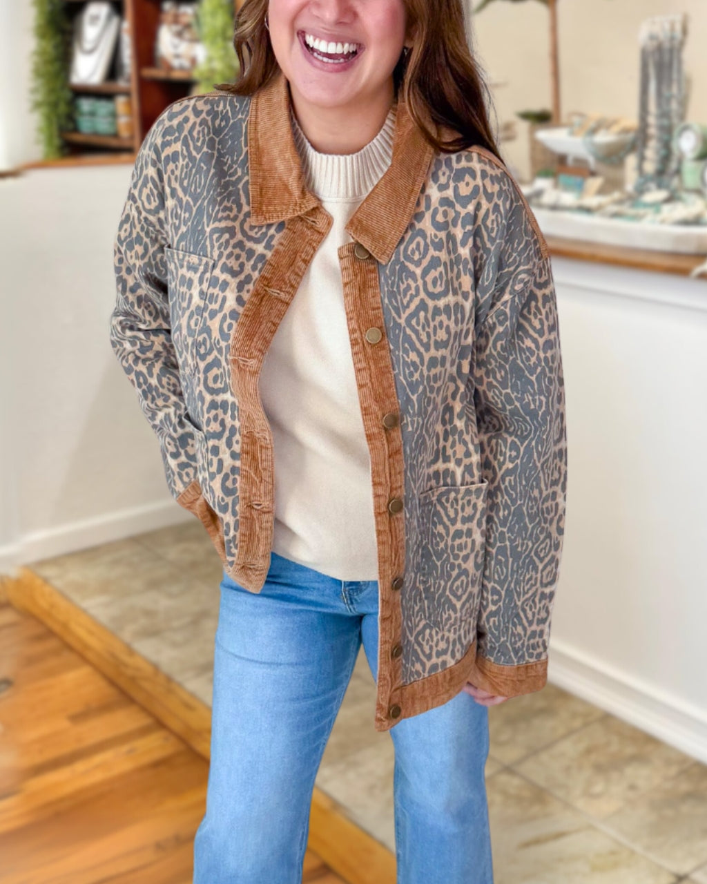 Corduroy Spliced Leopard Print Jacket