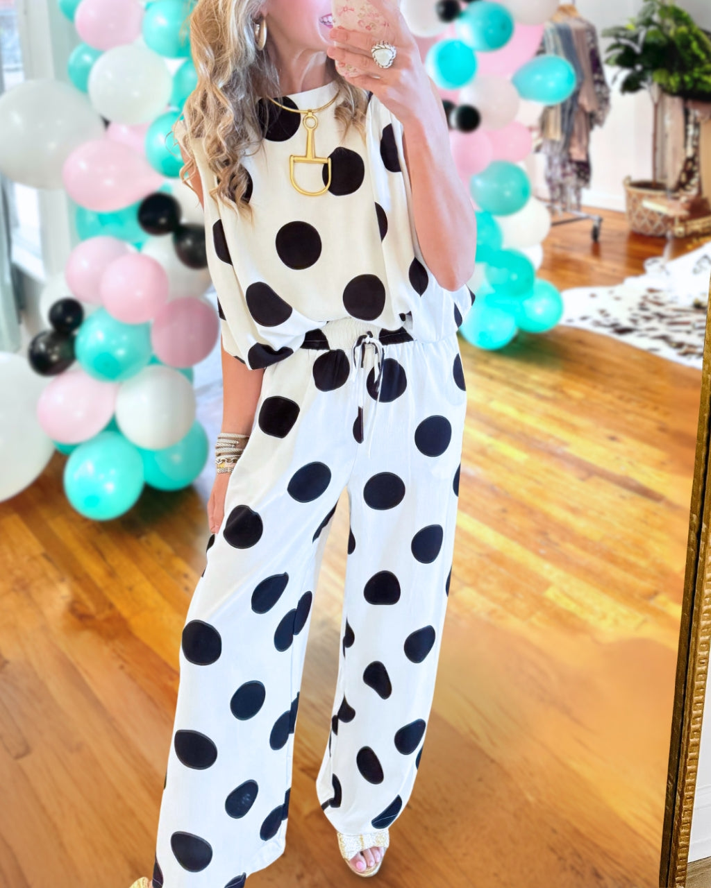 Casual Polka Dot Sleeveless Satin Set