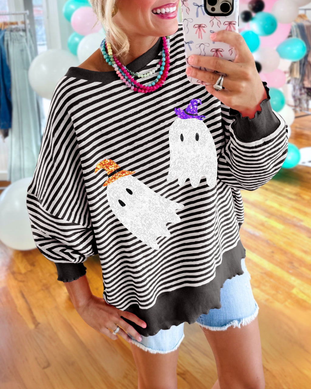 Sequin Ghost Striped Pullover