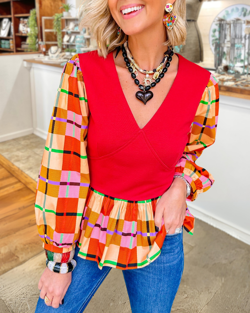 Colorful Plaid Sleeves V-neck Top