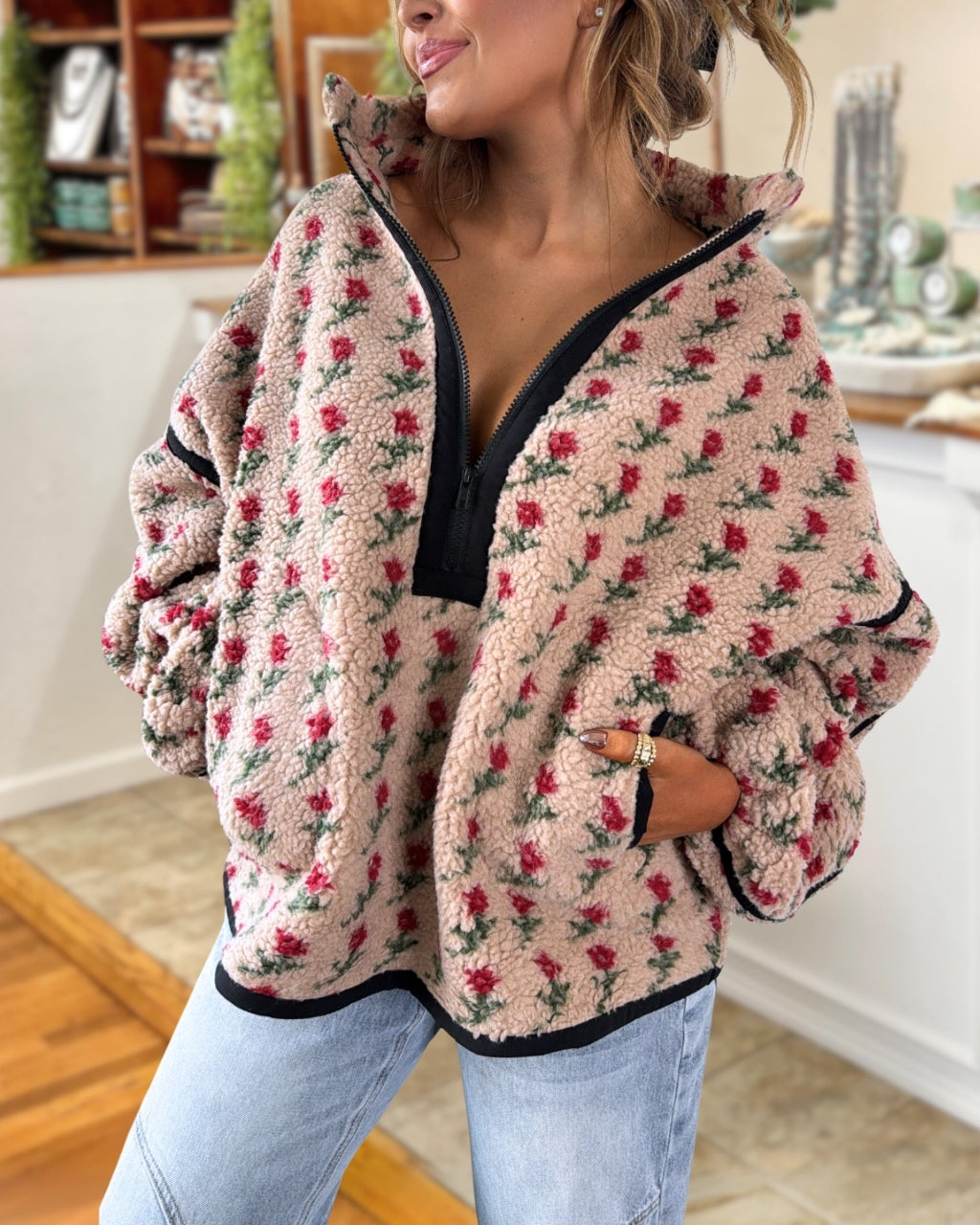 Rose Print Plush Half-zip Pullover