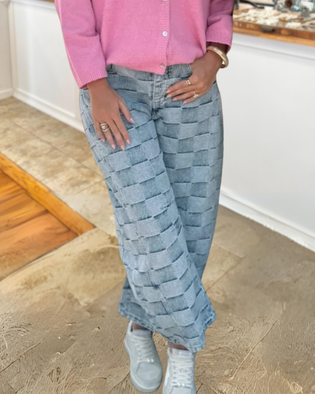 Checkerboard Print Patchwork Jeans