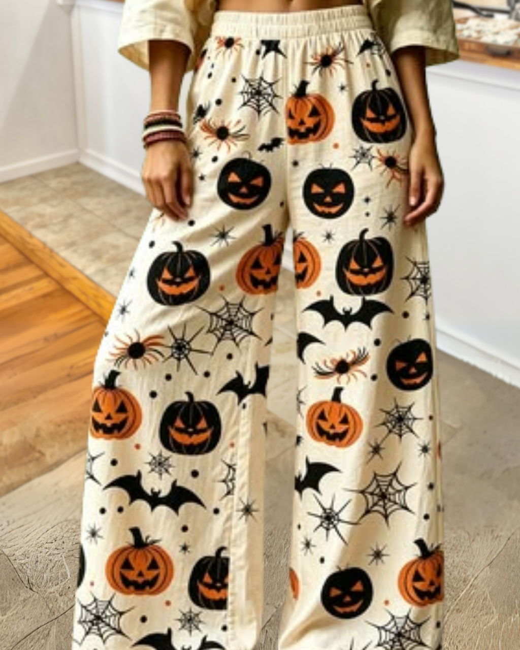 Chic Pumpkin-Print Wide-Leg Pants