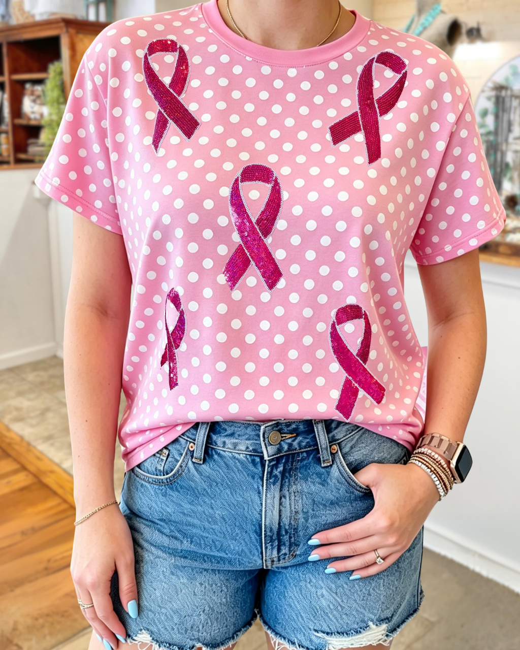 Sequin Polka Dot Ribbon Pattern T-shirt