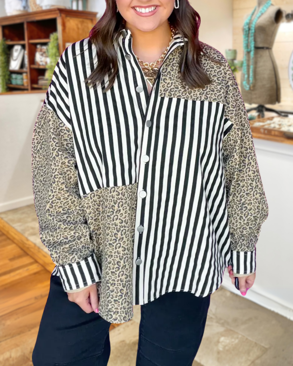 Vertical Striped Leopard Print Patchwork Shirt