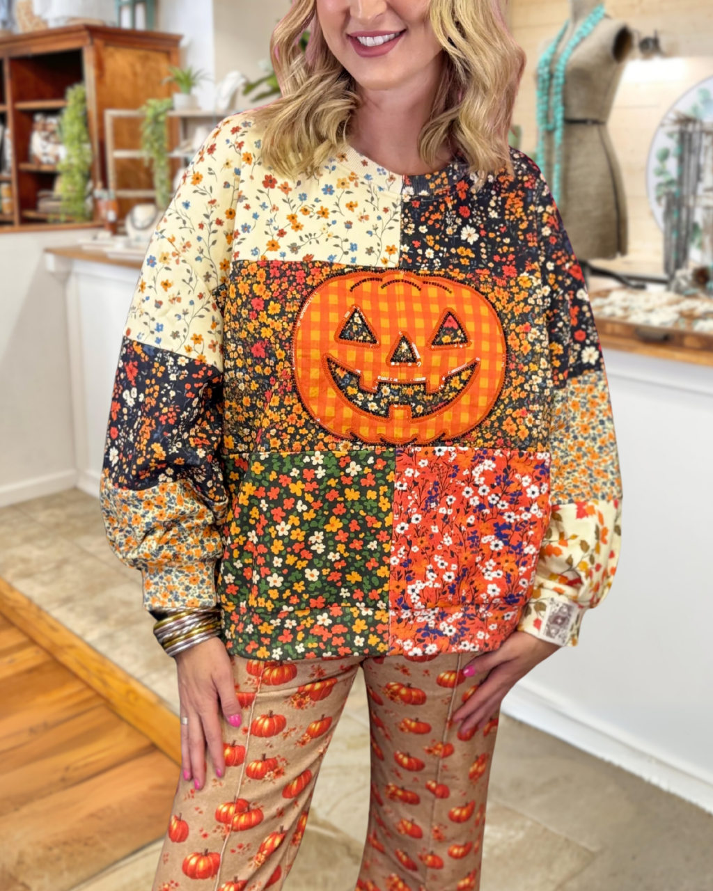 Colorful Patchwork Floral Pumpkin Pullover