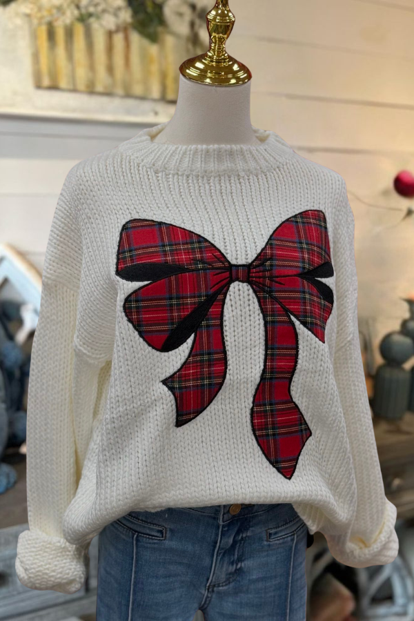 Check Bow Knit Crewneck Sweater