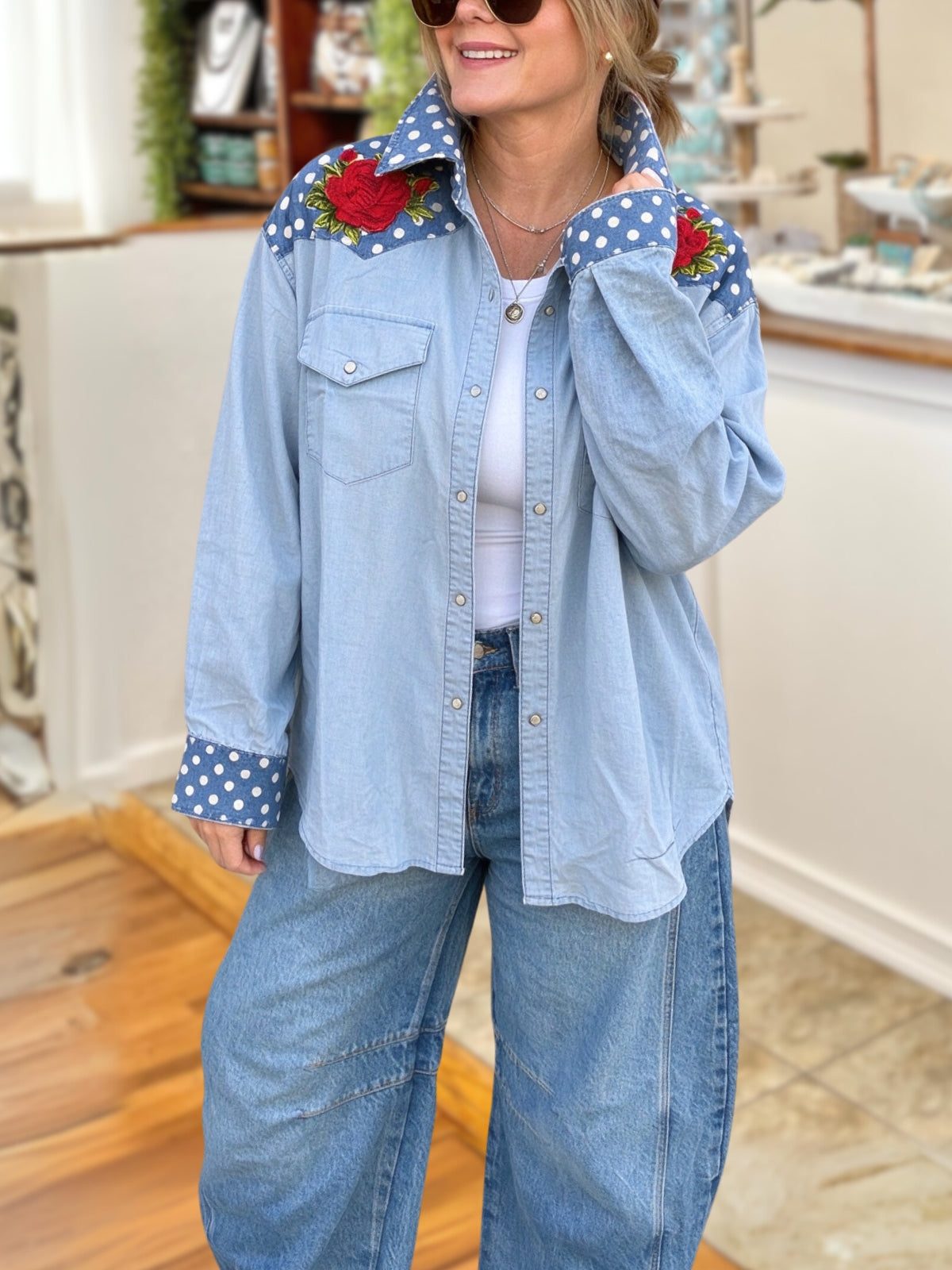 Floral Polka Dot Embroidered Patchwork Shirt