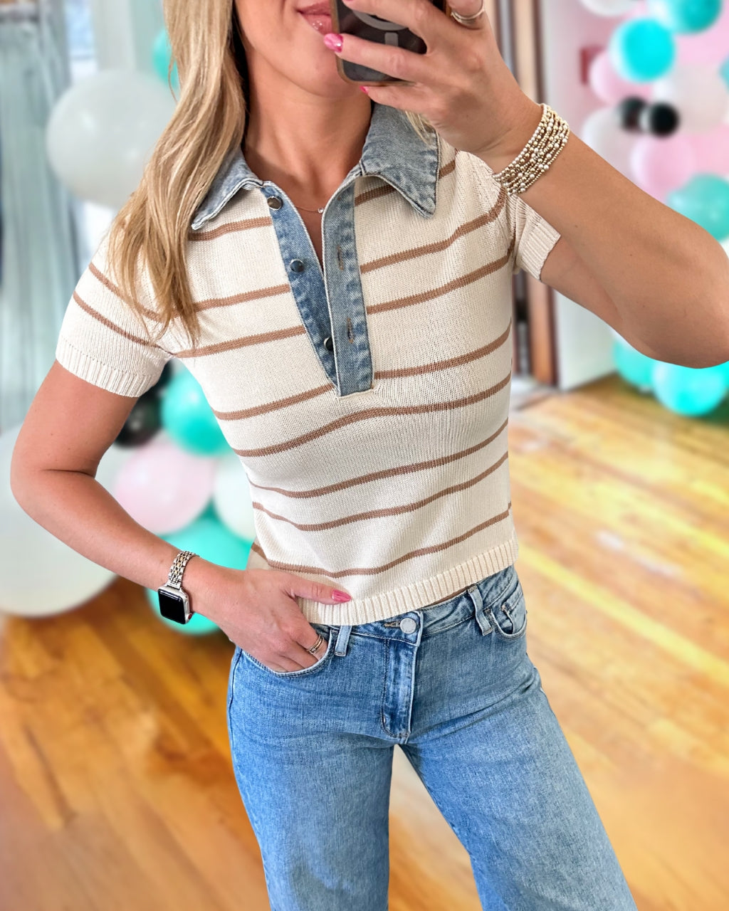 Denim Patchwork Collar Striped Top