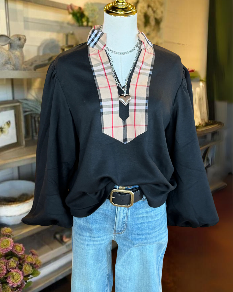 Simple Plaid Trim V-neck Top