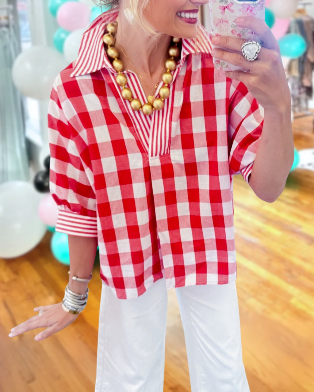 Striped-trimmed V-neck Plaid Top