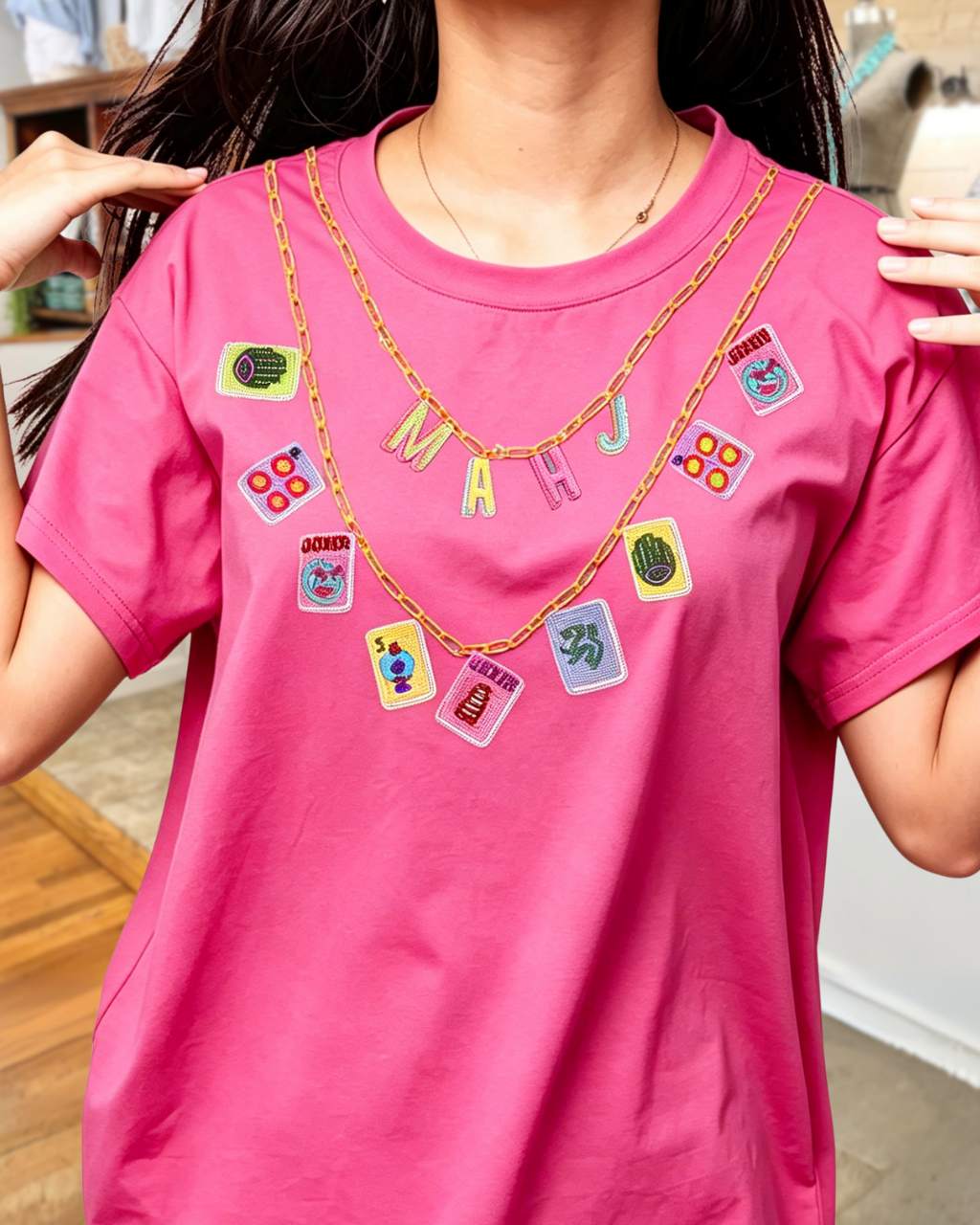 Mahjong Embroidered Necklace T-shirt