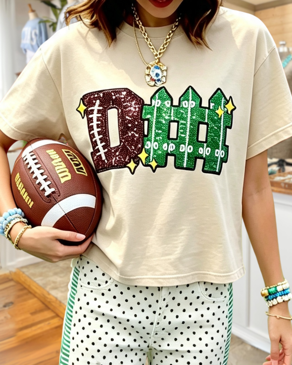 Football-themed Sequin Cropped T-shirt