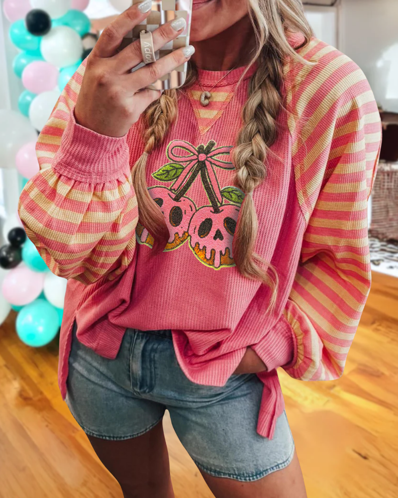 Cherry Skull Stripe Ribbed Sweatshirt