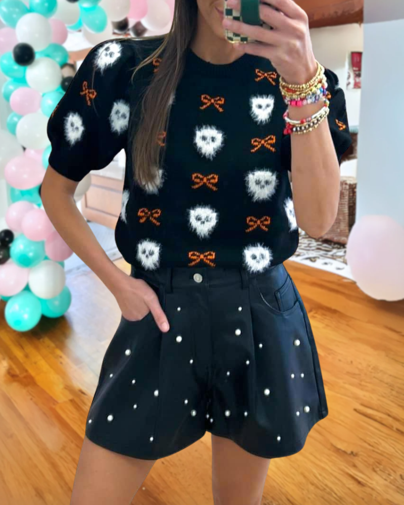 Bow Skull Flock Embroidered Top