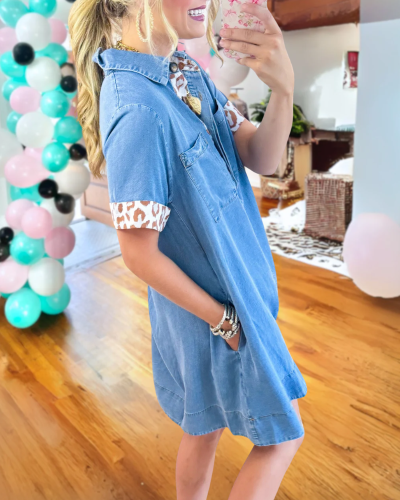 Trendy Leopard Trimmed Denim Dress