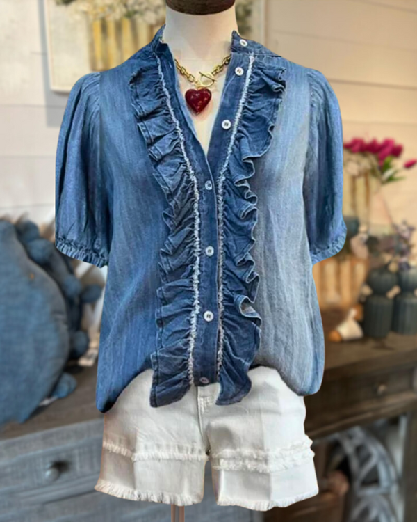 Rowdy Ruffles Collared Denim Top
