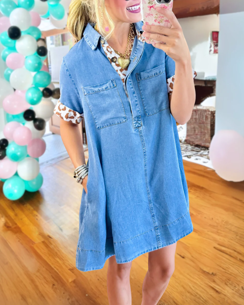 Trendy Leopard Trimmed Denim Dress