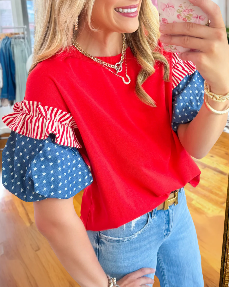 Ruffled Flag Puff Sleeve Top