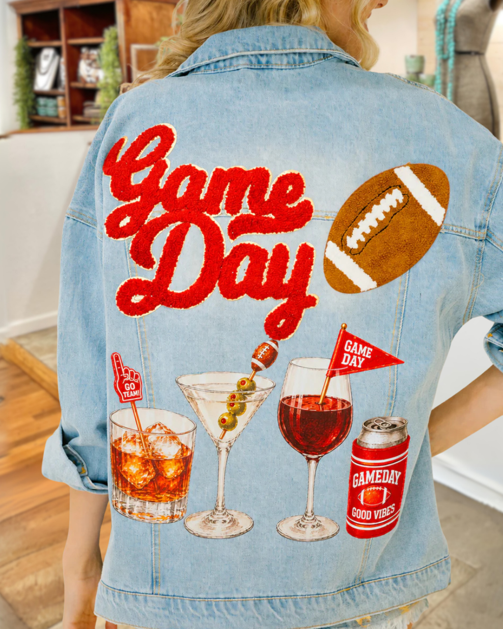 Game Day Embroidered Cocktail Print Denim Jacket